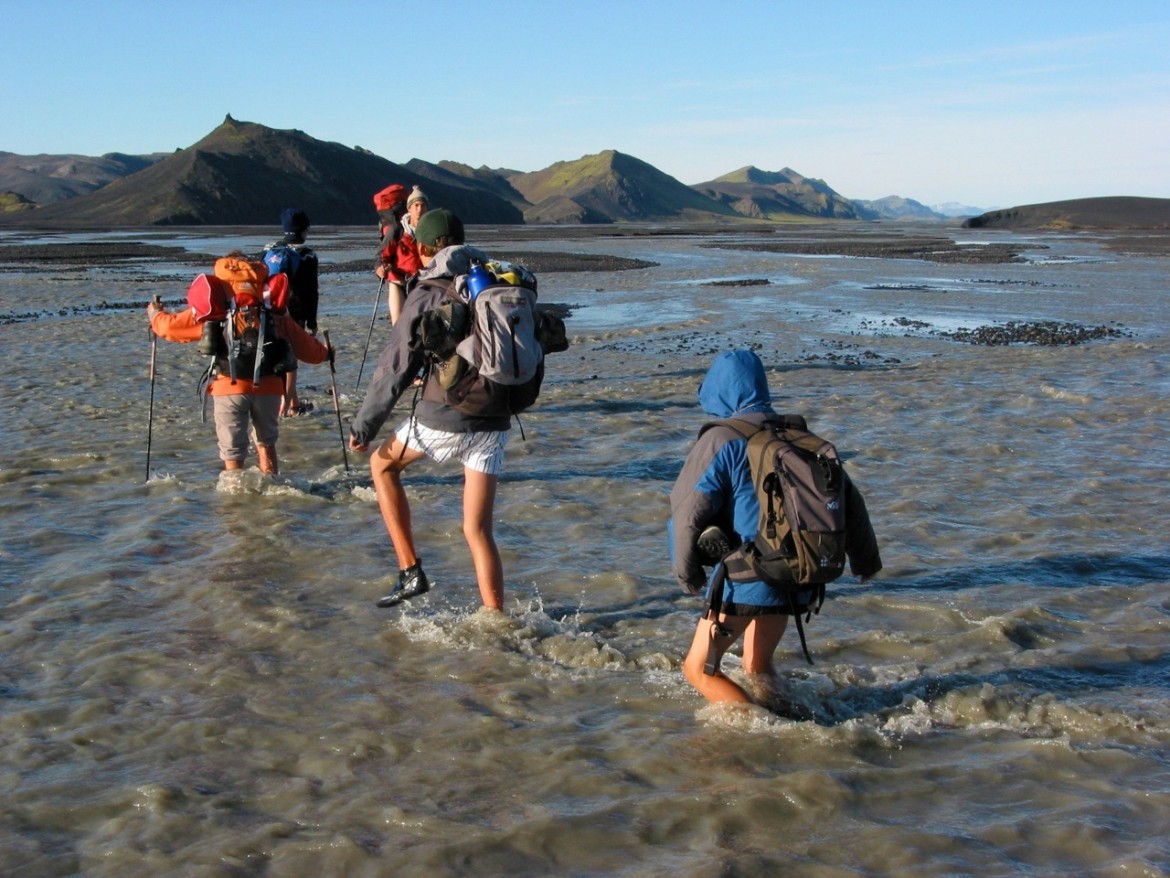 Crossing iceland river by foot
